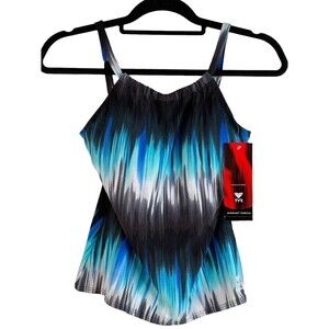 NWT TYR DuraFast Stretch Barbados Tankini Black Aqua White Swim Gym Workout Sz 8